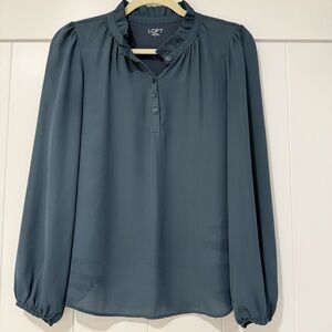 ✨ LOFT Outlet Blue Gray Ruffle Neck Blouse Long Sleeve Button Front — Size S ✨